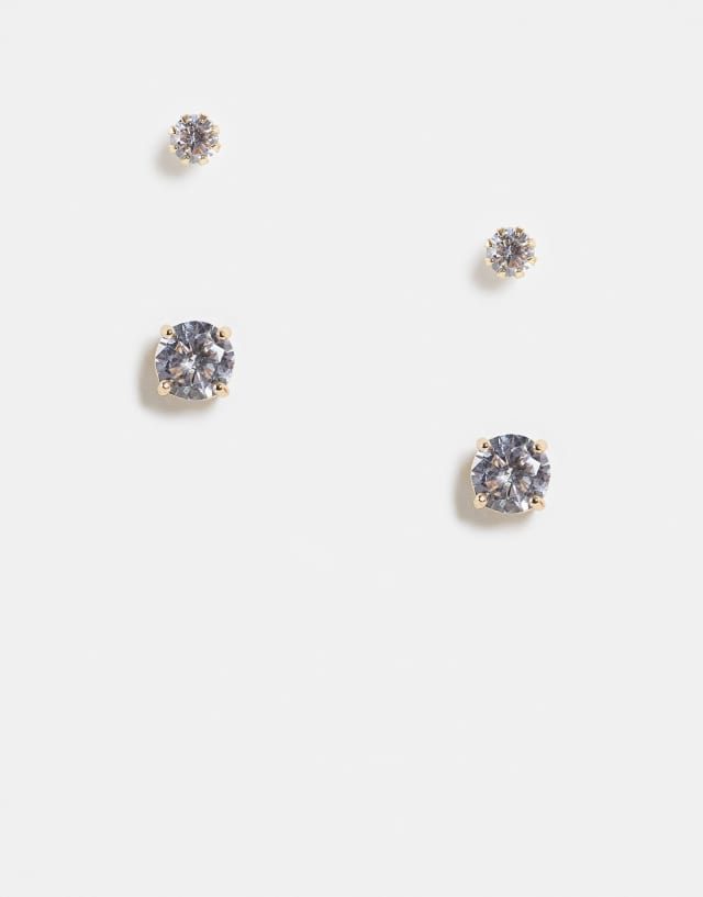 ASOS DESIGN 2-pack 6mm and 10mm stud earrings set with crystals in gold tone