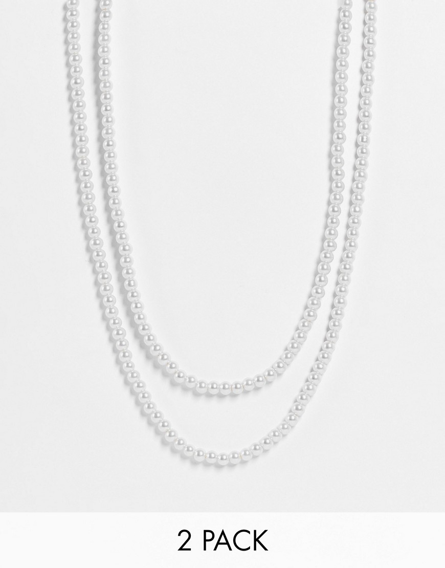 ASOS DESIGN 2 pack 6mm glass faux pearl beaded necklace in white