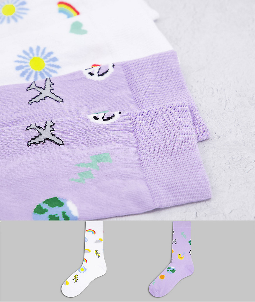 ASOS DESIGN 2 pack all over doodle ankle socks-Multi