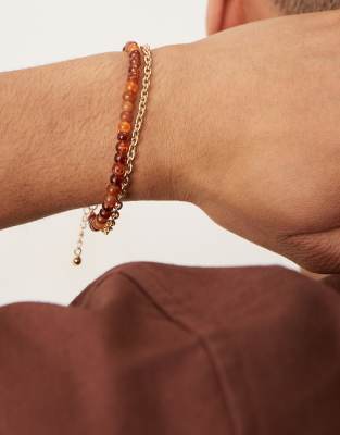 Asos Design 2 Pack Amber Bead And Chain Bracelet In Orange