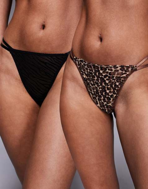 ASOS DESIGN 2 pack animal lace double strap tanga thong in brown - view 1