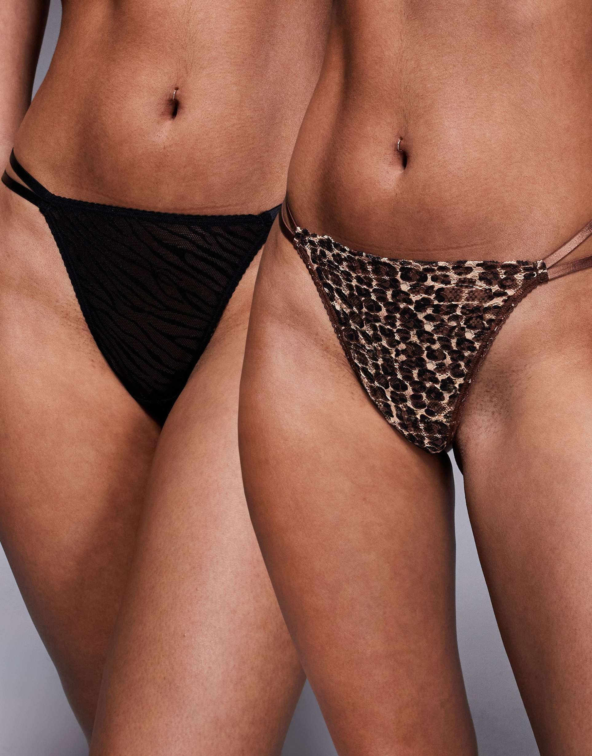 asos design 2 pack animal lace double strap tanga thong in brown
