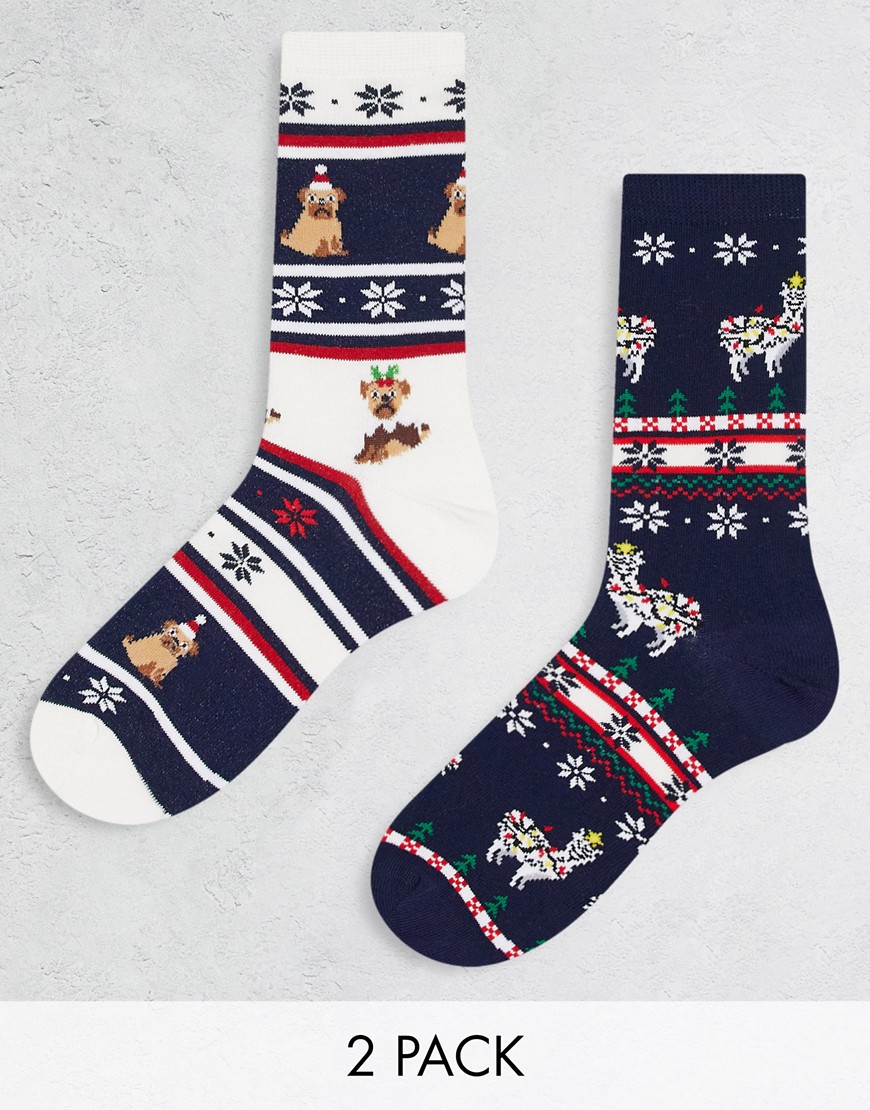 ASOS DESIGN 2 pack ankle socks in christmas animal fairisle-Navy