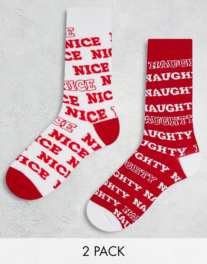 ASOS DESIGN 2 pack ankle socks with Christmas naughty and nice print-Red