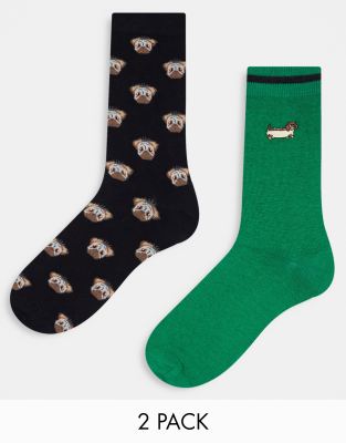 ASOS DESIGN 2 pack ankle socks with dog designs in multi - ASOS Price Checker