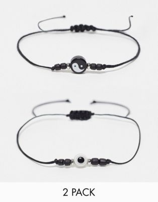 ASOS DESIGN 2 pack anklet with yin yang beads in black