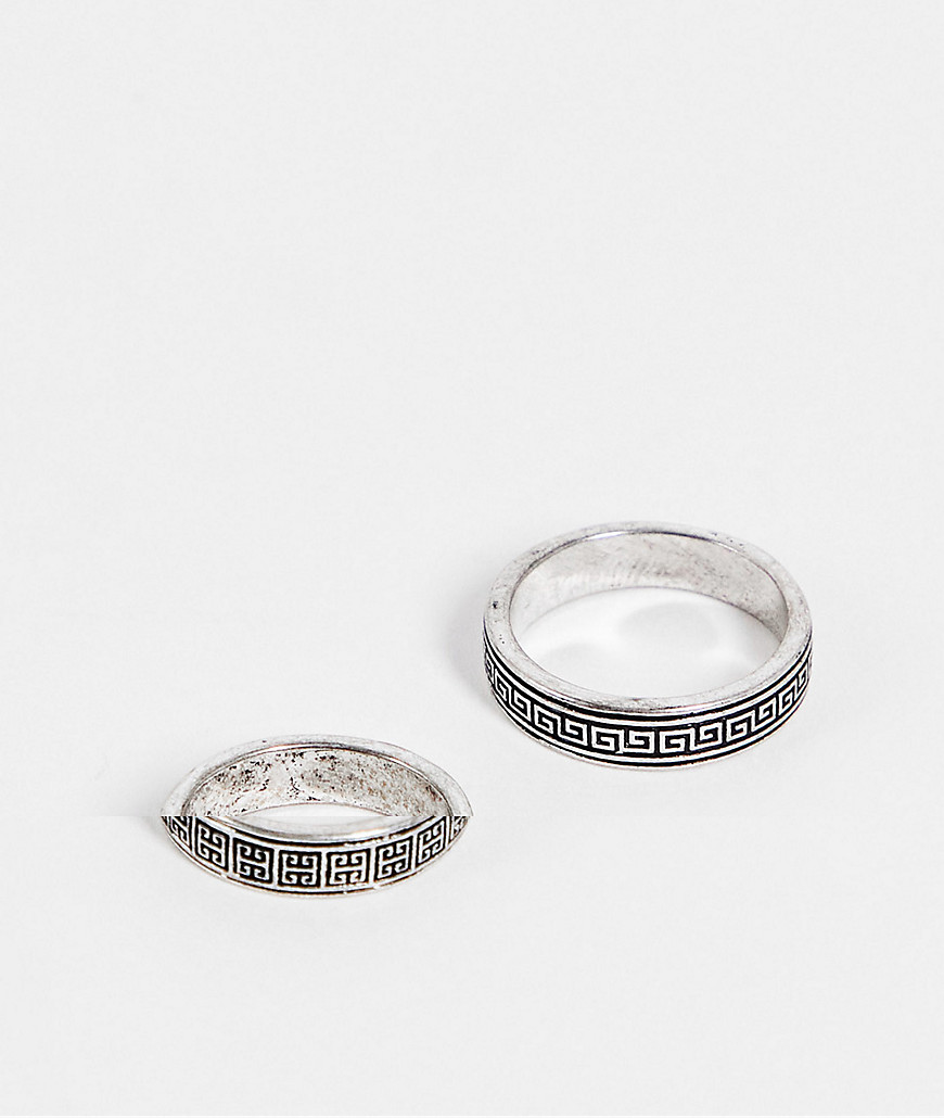 ASOS DESIGN 2 pack band ring set with greek wave emboss in silver tone