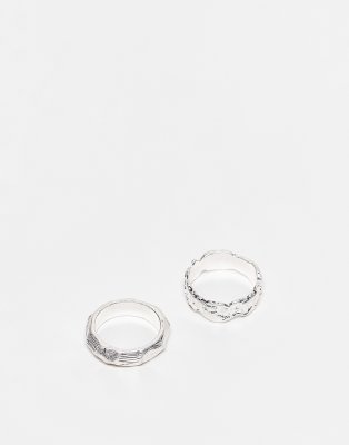  ASOS DESIGN 2 pack band ring set with molten design in silver tone