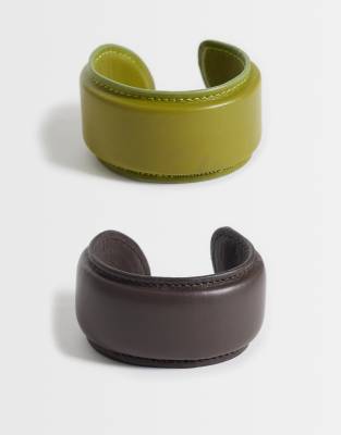Asos Design 2-pack Bangles With Faux Leather In Multi