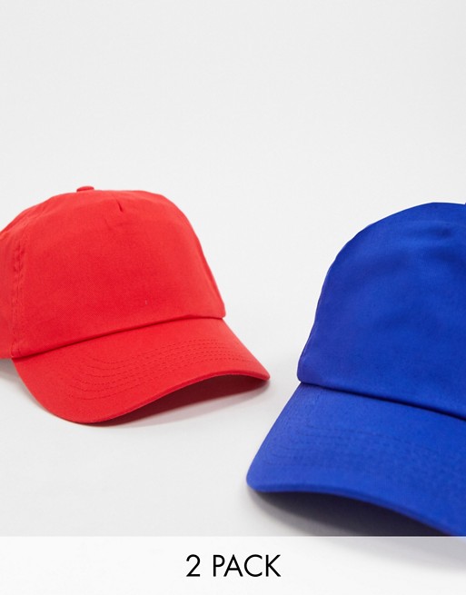 ASOS DESIGN 2 pack baseball cap in red and blue save