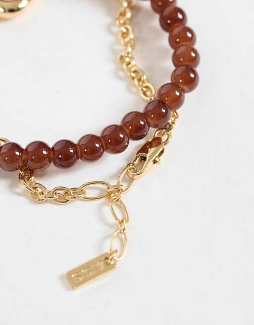 ASOS DESIGN 2 pack beaded and molten link detail chain bracelet in gold, 2 of 3