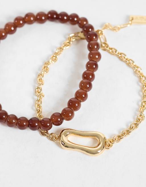 ASOS DESIGN 2 pack beaded and molten link detail chain bracelet in gold, 3 of 3