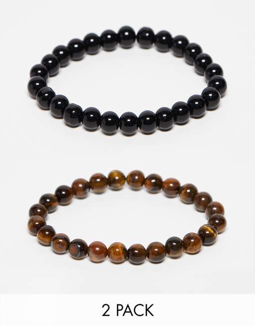 ASOS DESIGN 2 pack beaded bracelet in semi-precious tigers eye and faux black agate