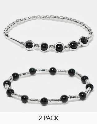 ASOS DESIGN ASOS DESIGN 2 pack beaded bracelet set in black and silver tone