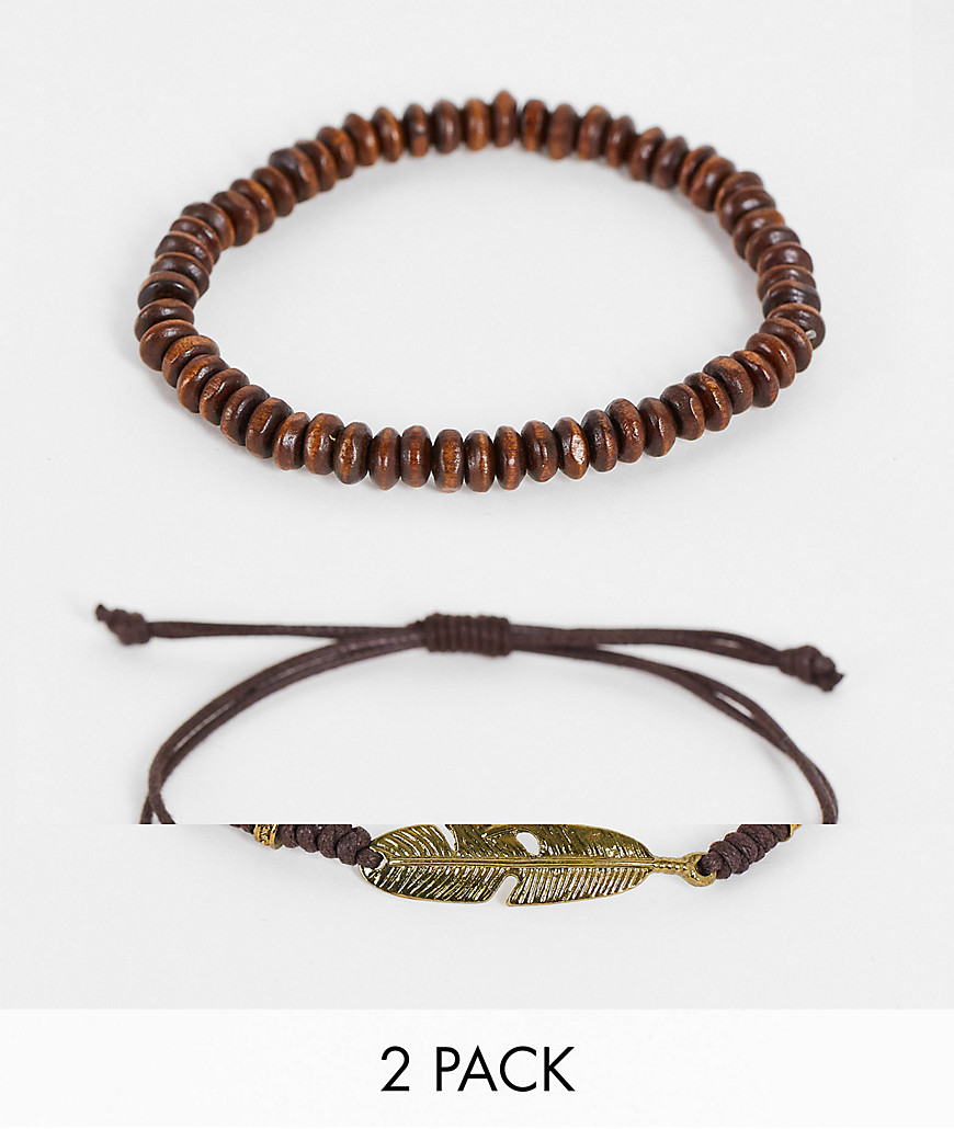 ASOS DESIGN 2 pack beaded bracelet set in brown with feather-Black