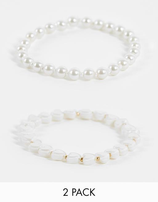 ASOS DESIGN 2 pack beaded bracelet set with hearts and 6mm faux pearl