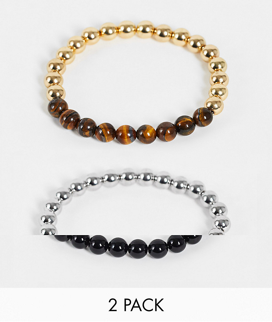 ASOS DESIGN 2-pack beaded bracelet set with metal and semi precious stone-Multi