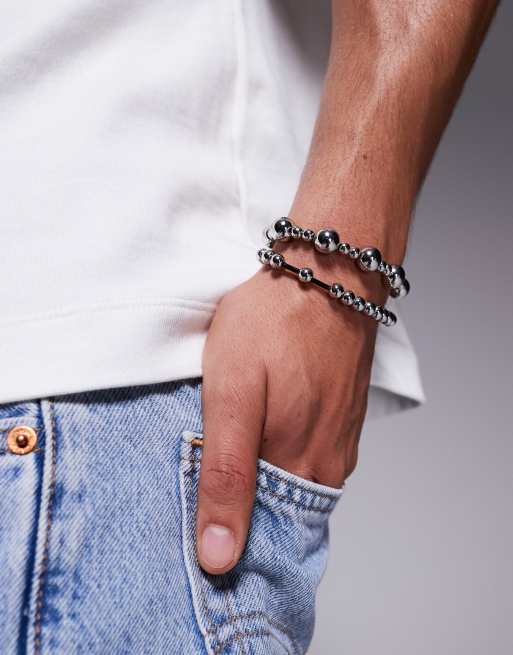ASOS DESIGN 2 pack beaded bracelet with black and silver spacers in multi