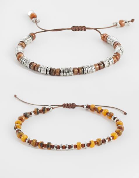 ASOS DESIGN 2 pack beaded bracelets in brown and silver tone - view 1