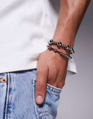 Asos Design 2-pack Beaded Bracelets With Black And Silver Spacers