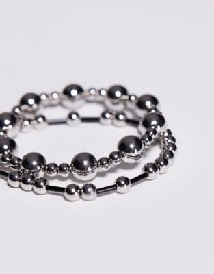 Asos Design 2-pack Beaded Bracelets With Black And Silver Spacers