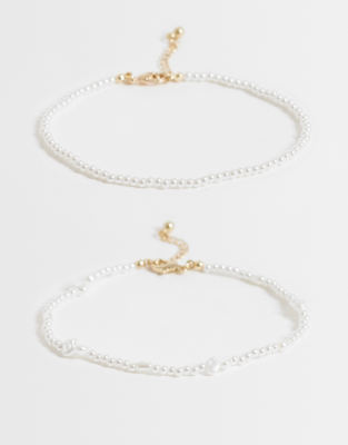 Asos Design 2-pack Beaded Faux Pearl Anklets-white In Metallic