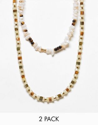Asos Design 2 Pack Beaded Necklace Set With Chips And Pendant In Multi