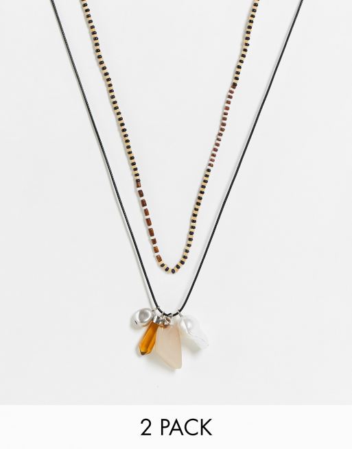 ASOS DESIGN 2 pack beaded necklace set with cord and crystal pendants