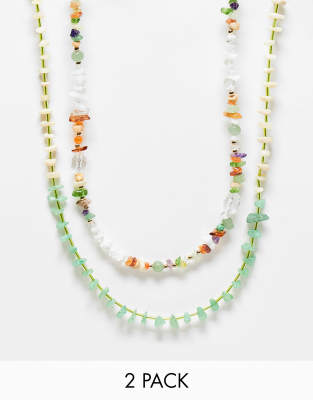 ASOS DESIGN 2 pack beaded necklace set with semi precious chips in multi