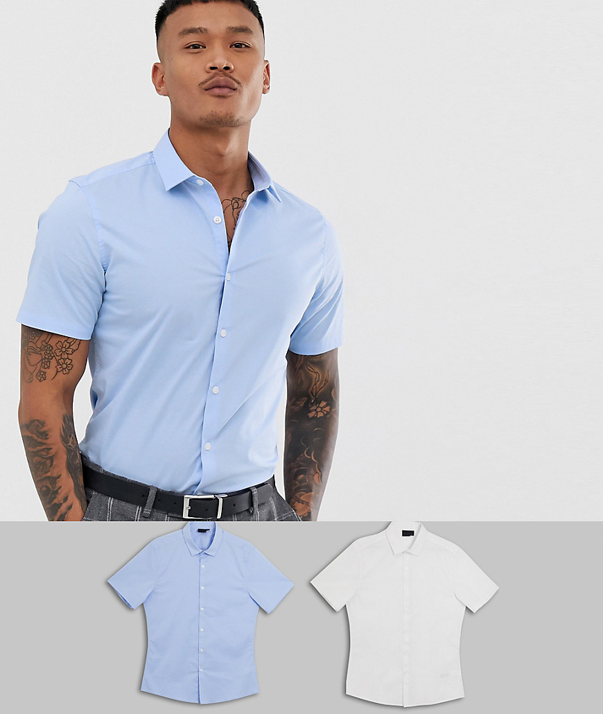 ASOS DESIGN – 2-pack blå och vita arbetsskjortor med stretch och smal passform – Spara-Flerfärgad