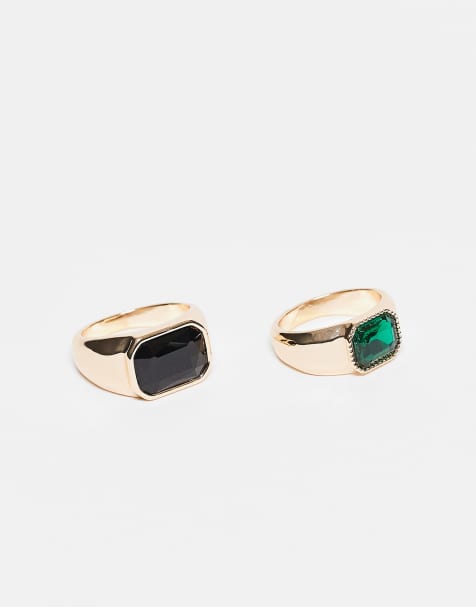 ASOS DESIGN 2 pack black and emerald signet rings in gold - view 1