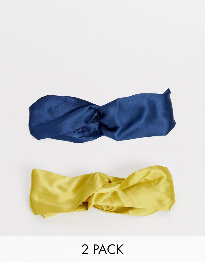 ASOS DESIGN – 2-pack blågrå och senapsgula hårband med snurrad knut framtill-Flerfärgad