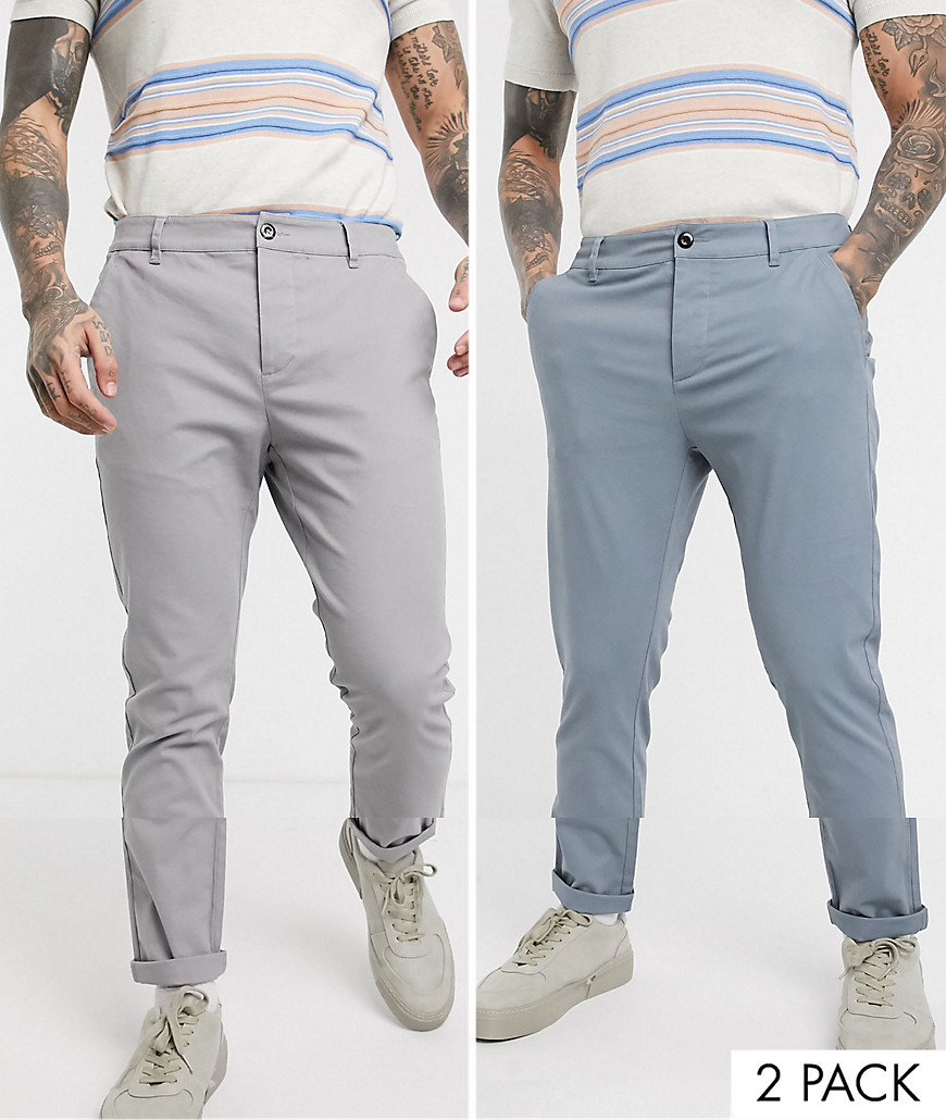 ASOS DESIGN – 2-pack blekblå och grå chinos med extra smal passform – Spara-Flerfärgad