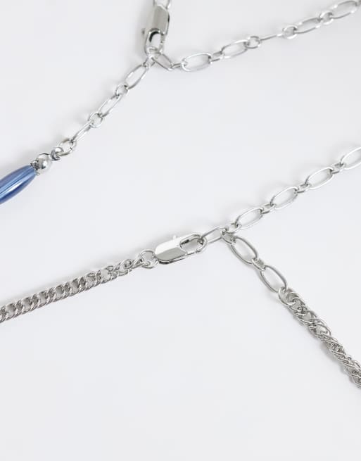 ASOS DESIGN 2 pack blue beaded and oval pendant necklace in silver, 3 of 4