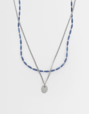 Asos Design 2 Pack Blue Beaded And Oval Pendant Necklaces In Metallic