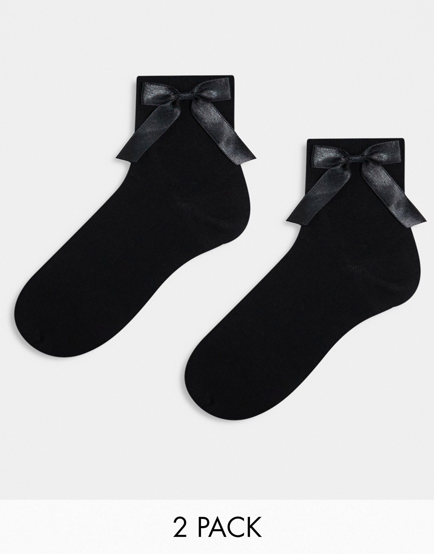 ASOS DESIGN 2 pack bow ankle socks in black