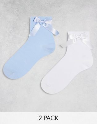 ASOS DESIGN 2 pack bow ankle socks in white and blue