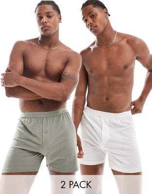 Asos Design 2 Pack Boxers In Cream And Light Green-multi