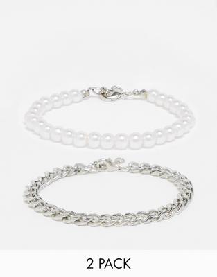 ASOS DESIGN ASOS DESIGN 2 pack bracelet set with chain and 6mm faux pearl in silver tone