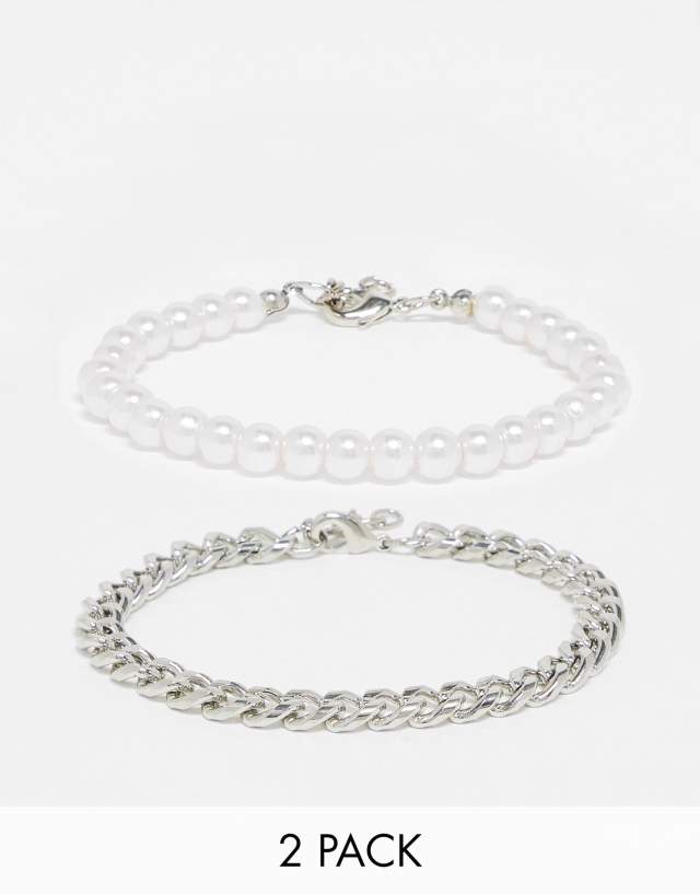 ASOS DESIGN 2 pack bracelet set with chain and 6mm faux pearl in silver tone