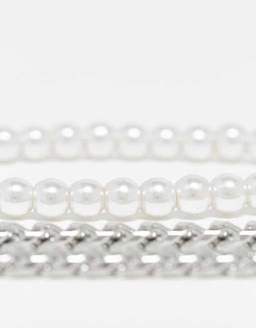 ASOS DESIGN 2 pack bracelet set with chain and 6mm faux pearl in silver tone, 3 of 4