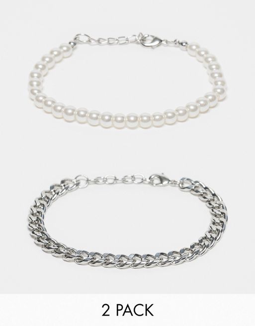  ASOS DESIGN 2 pack bracelet set with chain and 6mm faux pearl in silver tone
