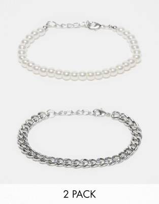 Asos Design 2 Pack Bracelet Set With Chain And 6mm Faux Pearl In Silver Tone