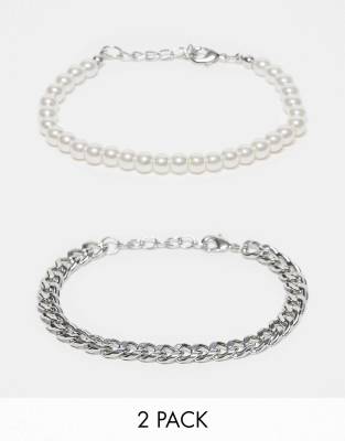 Asos Design 2 Pack Bracelet Set With Chain And 6mm Faux Pearl In Silver Tone In Metallic