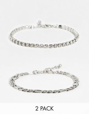 ASOS DESIGN 2 pack bracelet set with figaro chain and tennis bracelet in silver tones