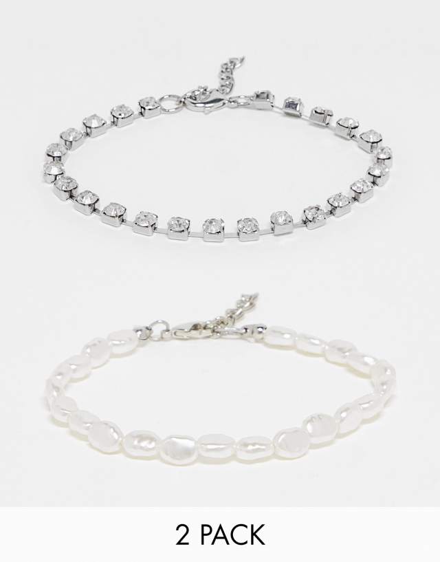 ASOS DESIGN 2 pack bracelet set with tennis cup chain and freshwater pearl in silver tone