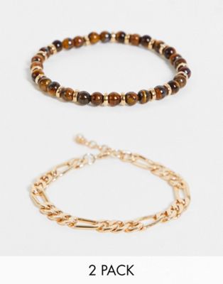 ASOS DESIGN 2 pack bracelet set with tigers eye beads and gold tone figaro chain-Brown
