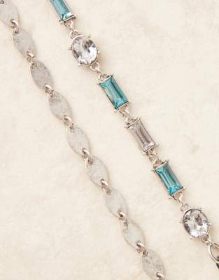 Asos Design 2 Pack Bracelet With Crystals And Hammered Oval Links In Silver