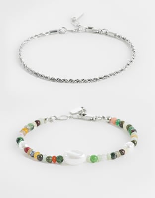 Asos Design 2 Pack Bracelets Faux Pearl With Mixed Semi-precious Beads And Chain In Multi