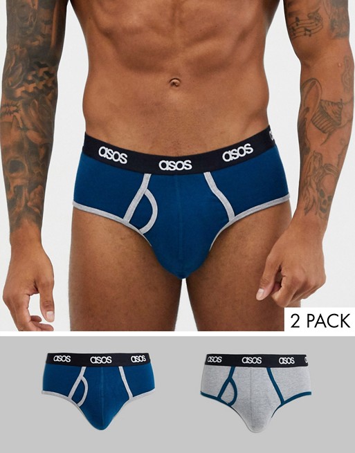 ASOS DESIGN 2 pack brief in navy and grey organic cotton with contrasting binding with branded waistband
